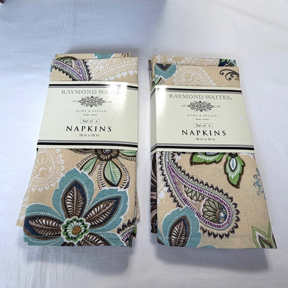 Raymond Waites Napkins Set of 8 19x19 Tan Blue Paisley 100% Cotton New Floral - Picture 2 of 7